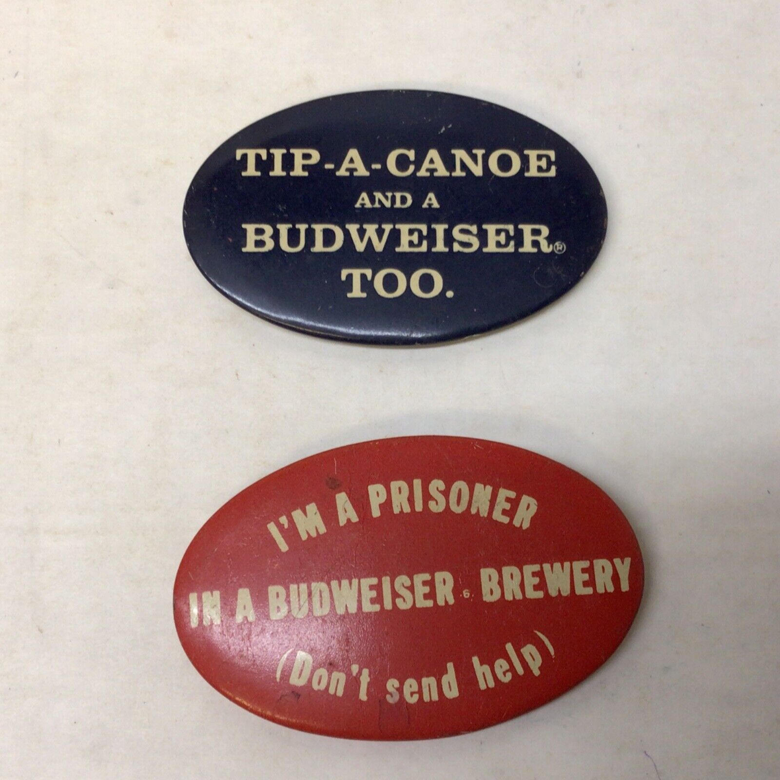 Vintage Pinback Button Budweiser Tip-A-Canoe & Brewery Prisoner 3\