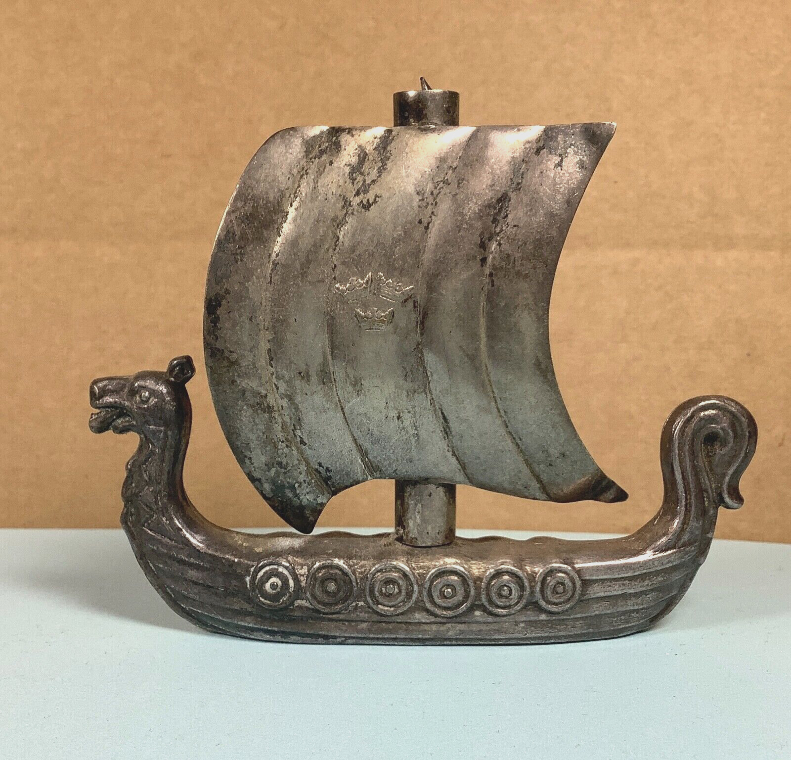 Vintage Metal Viking ship Corkscrew removable sail 3 crowns