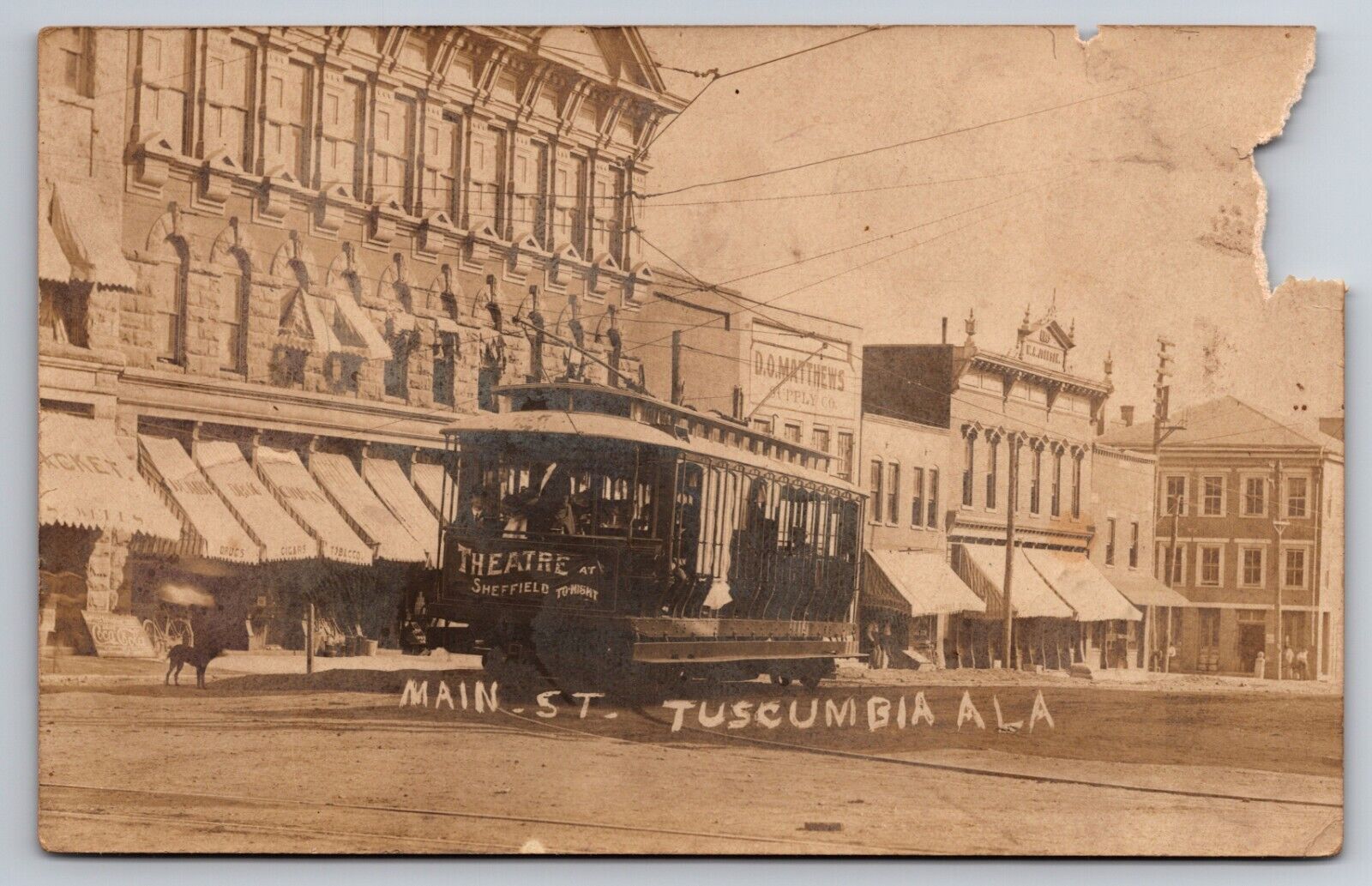 Main Street Tuscumbia Alabama Trolley Theatre Coca Cola Dog 1907 Real Photo RPPC