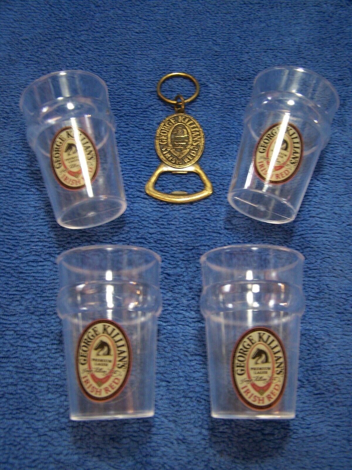 George Killian\'s Irish Red Shot Glasses, Set of 4 with Brass Killian\'s Opener