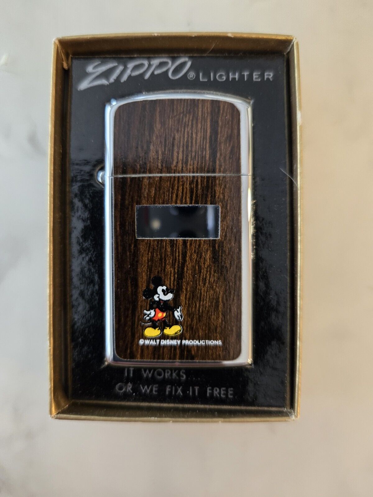 Vintage NOS Rare  Zippo Slim Wood grain Mickey Mouse