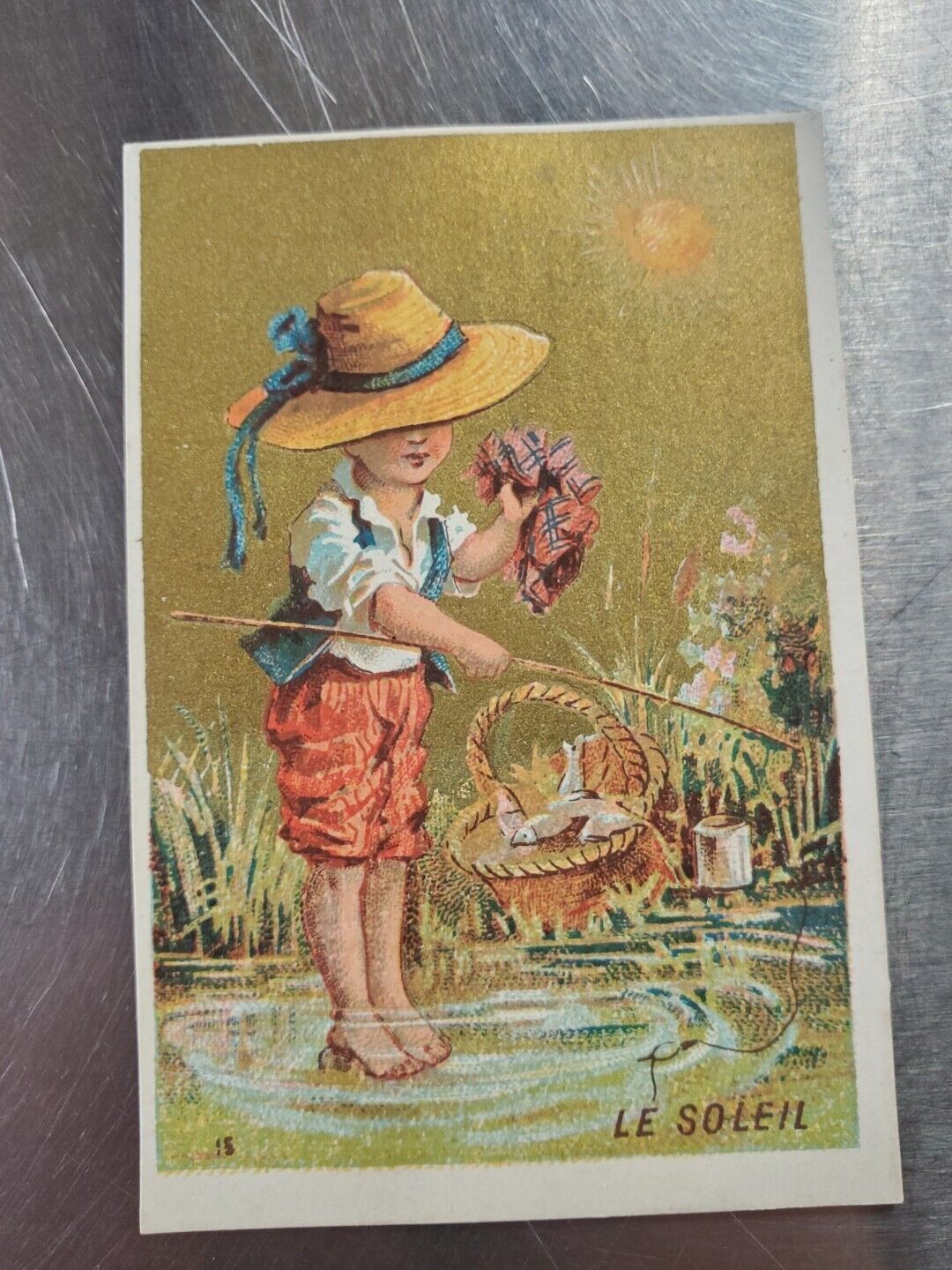 c1880s Cute French Victorian Trade Card - Child fishing - writing on back