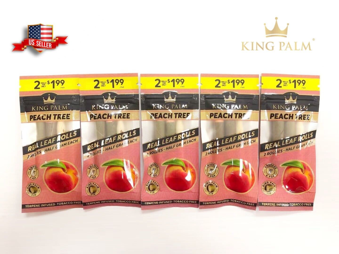 NEW KING PALM PEACH TREE FLAVOR 100% REAL LEAF ROLLS ROLLIES SIZE 5 PACKS