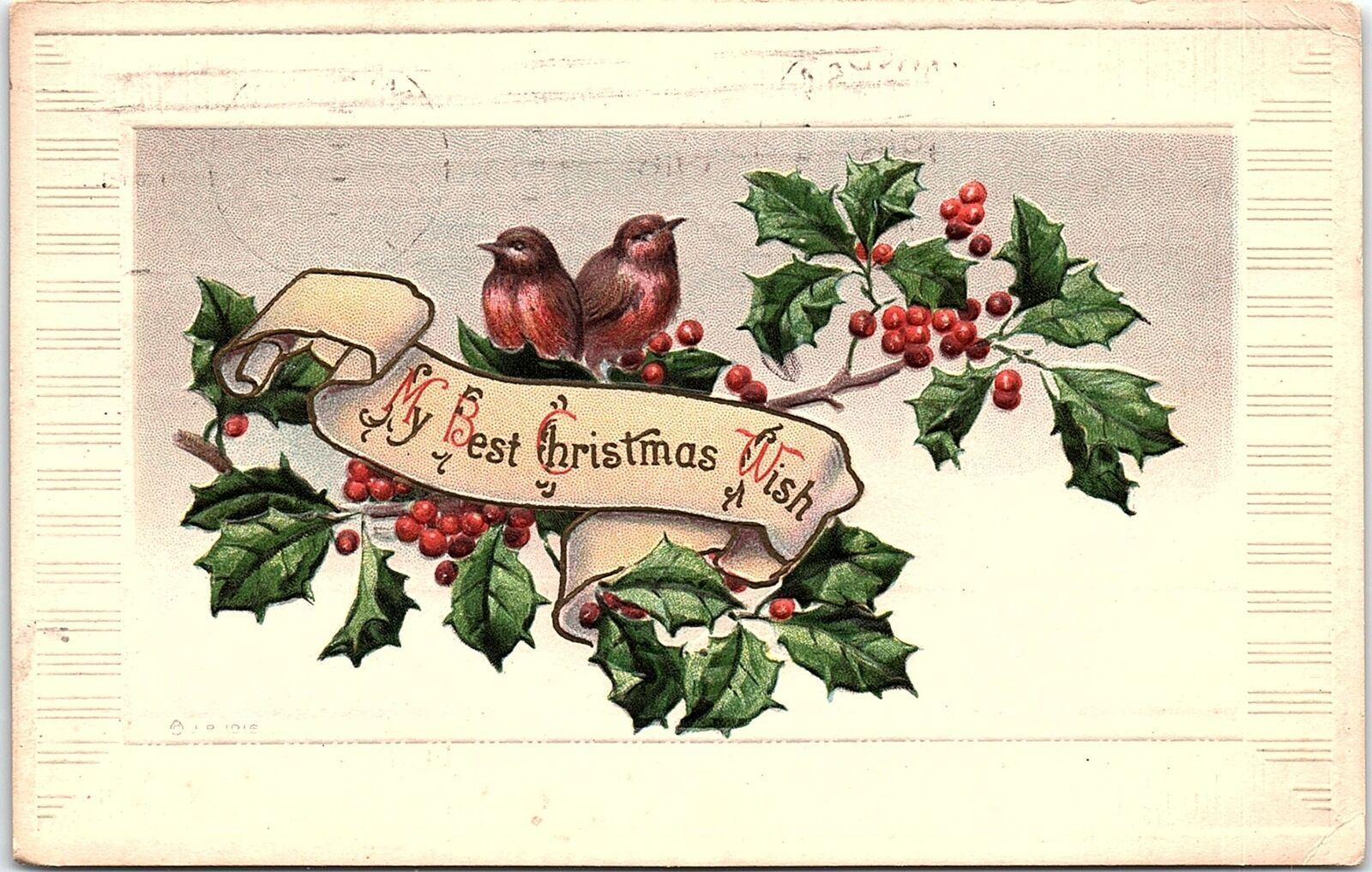 c1915 BEST CHRISTMAS WISH BIRDS BERRIES MARQUETTE NE EMBOSSED POSTCARD 39-256