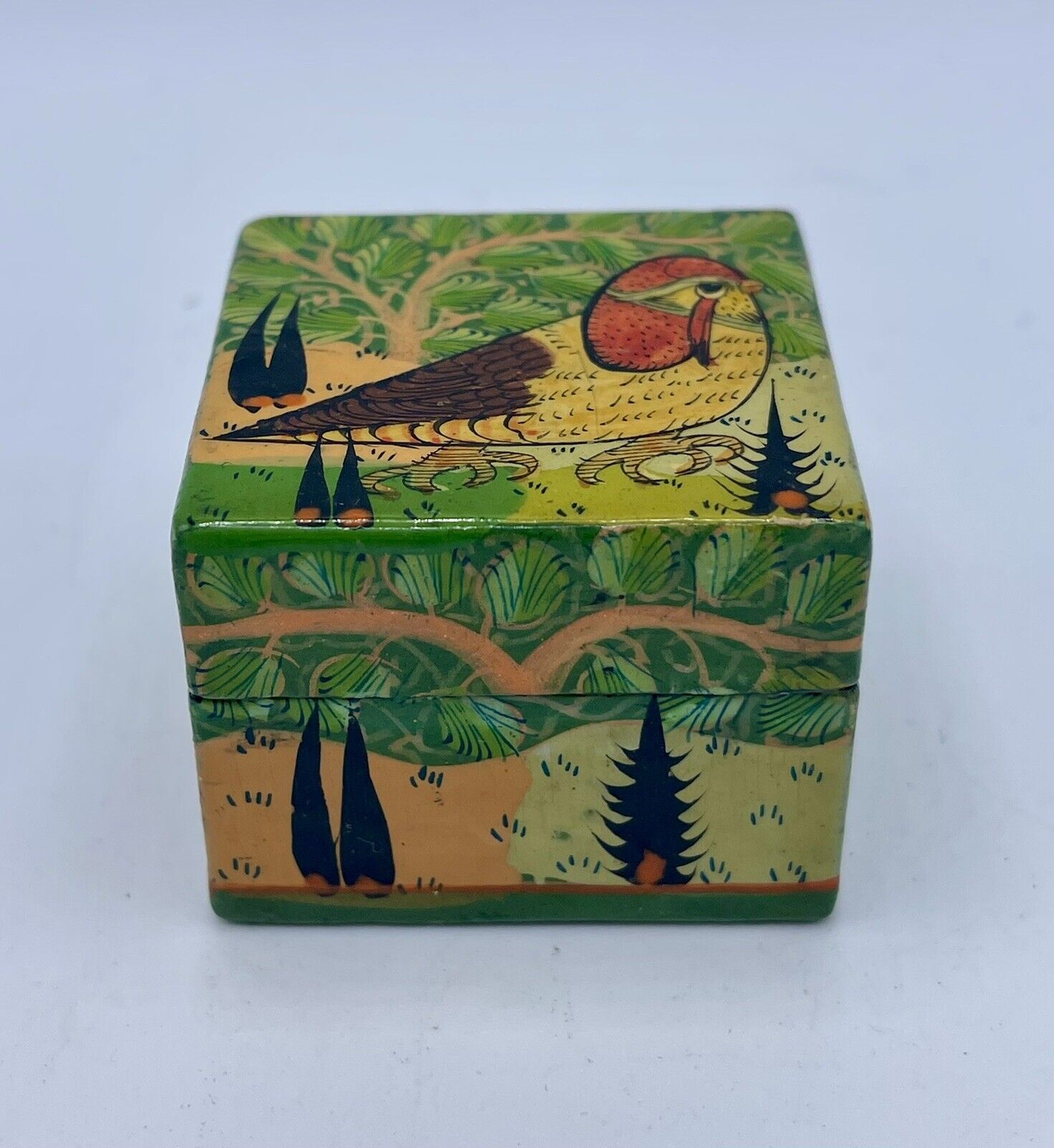 VTG Handmade Kashmir India Lacquered Wood Trinket Box - QUAIL Design