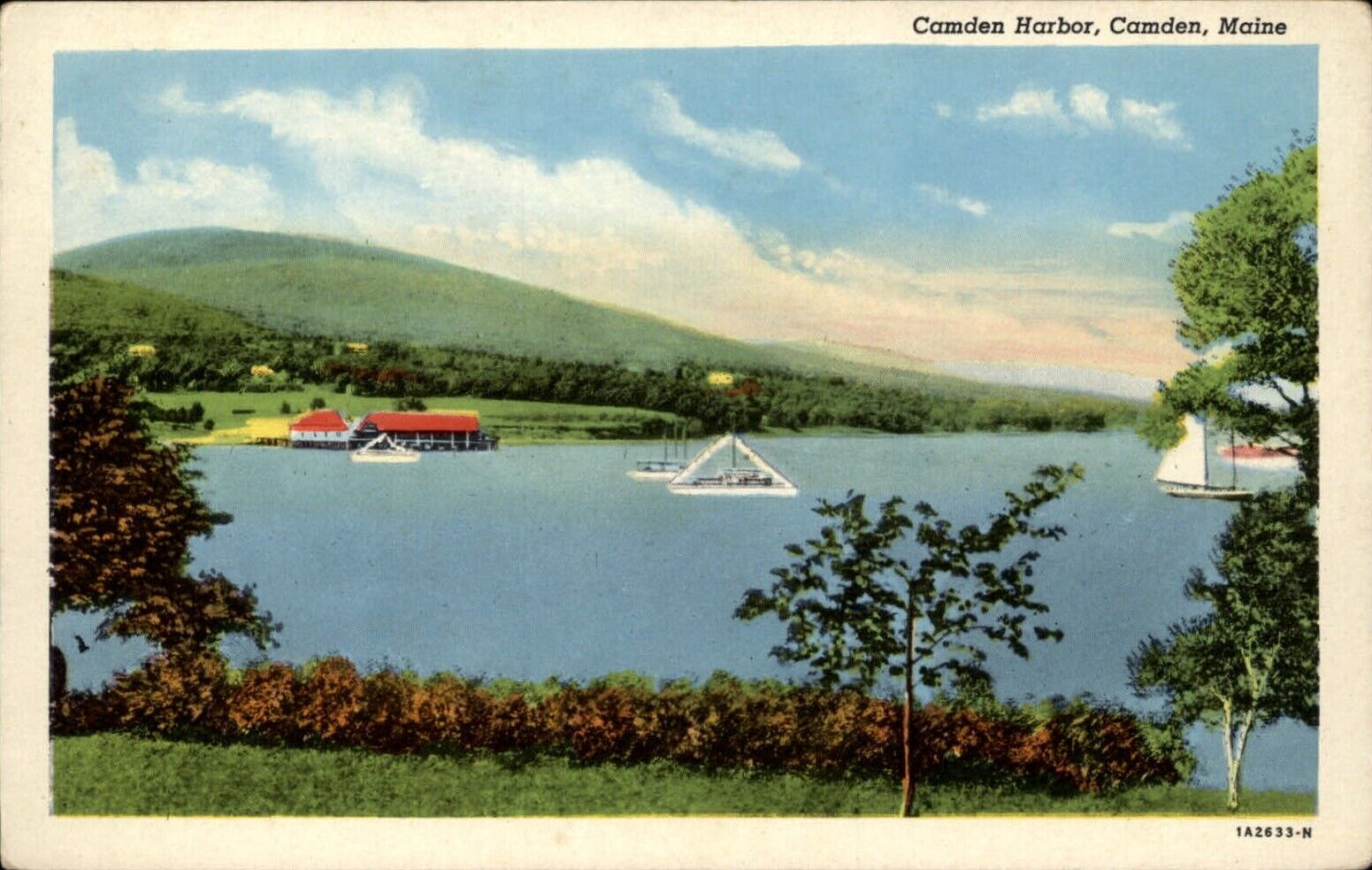 Camden Maine Harbor aerial view boats hills unused vintage postcard