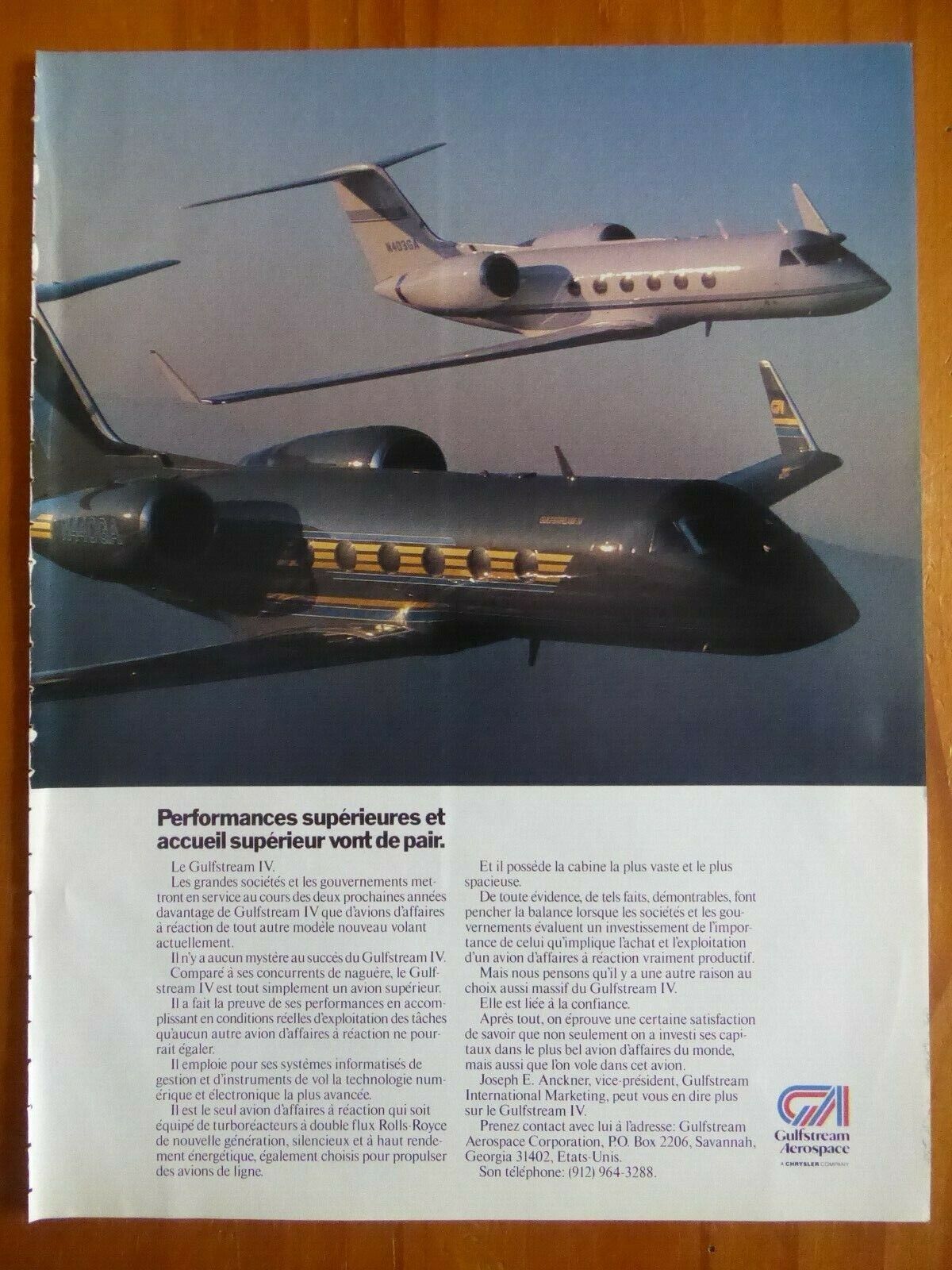 4/1988 PUB GULFSTREAM AEROSPACE GULFSTREAM IV EXECUTIVE JET ORIGINAL FRENCH AD
