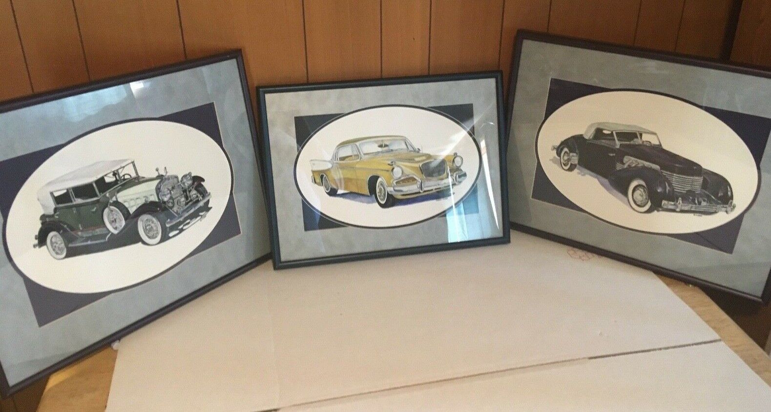 Original Gordon Kibbe Painting Triptych Classic Old Cars Cadillac Studebaker V16