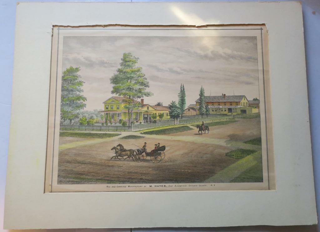 ORIG. c. 1875-80 hand-colored LITHOGRAPH HAYES CARRIAGE FACTORY E. BLOOMFIELD NY