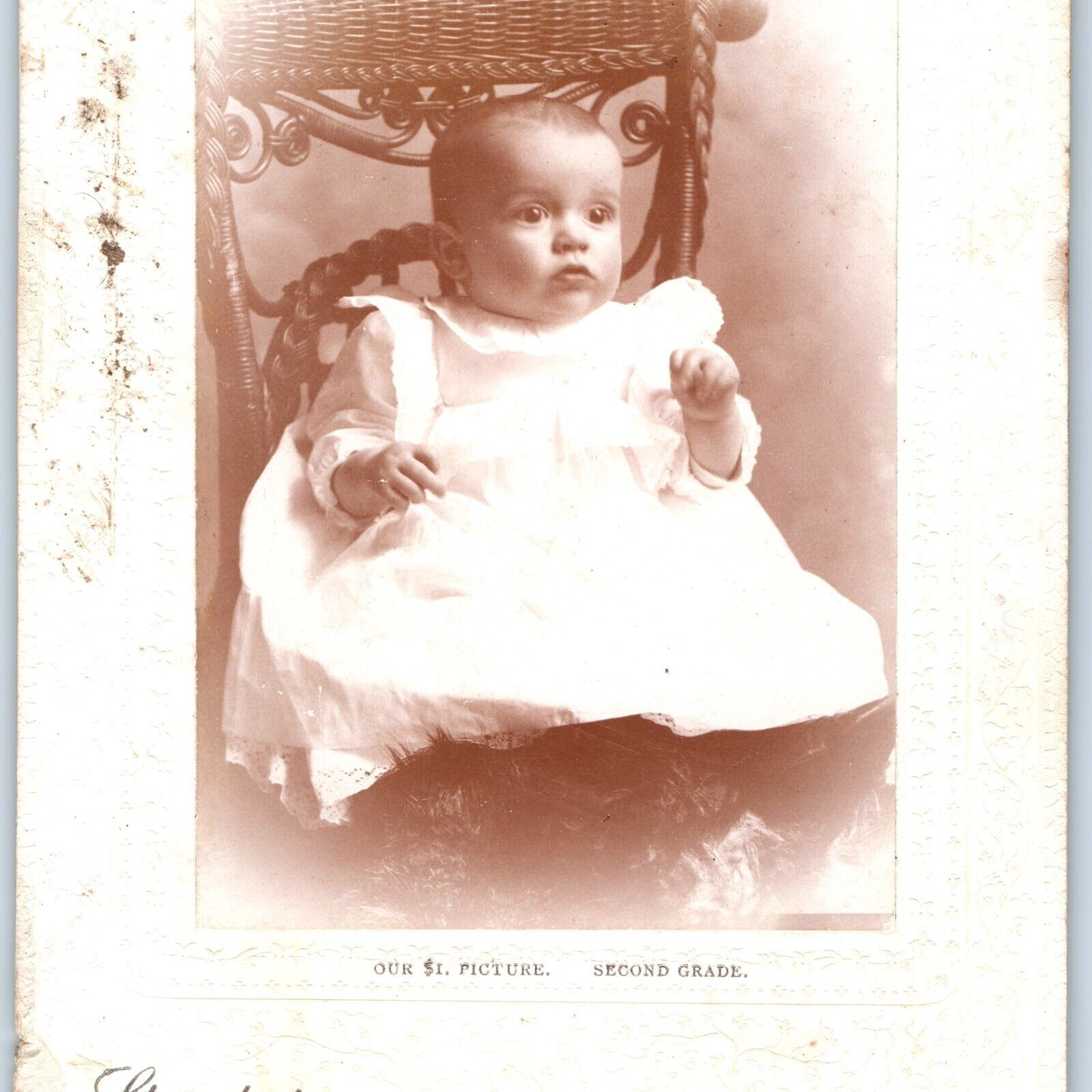 c1890s Wolcott, NY Cute Wide Eye Baby Cabinet Card Photo Staunton Wicker B11