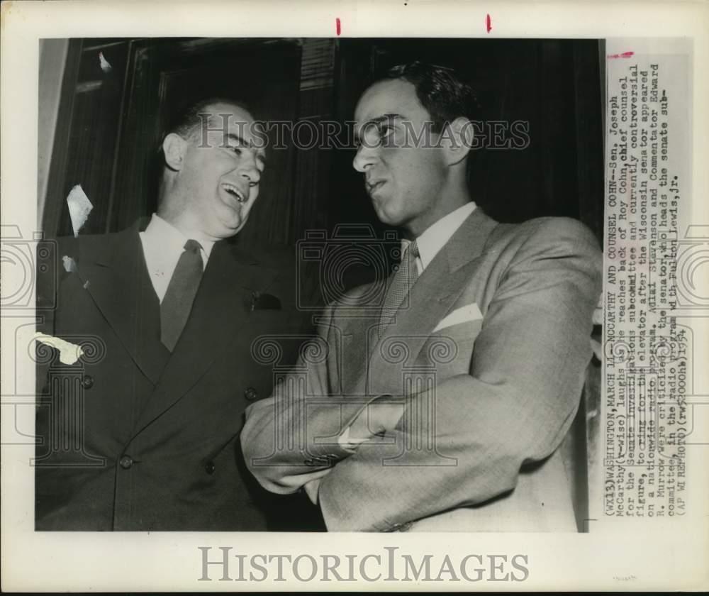 1954 Press Photo Sen. Joseph McCarthy with Roy Cohn after radio program in DC