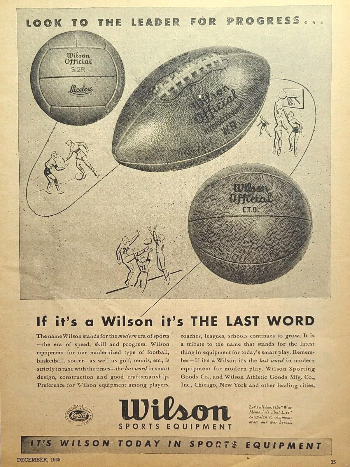 Wilson Sports Equipment Volleyball Football Basketball Vintage Print Ad 1945