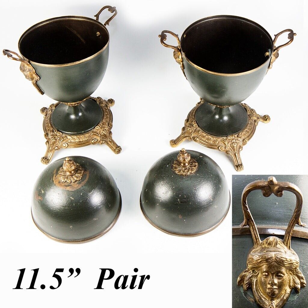 Pair of Napoleon III French Cassolets or Mantel Vase, Ornaments w Lids, Figural