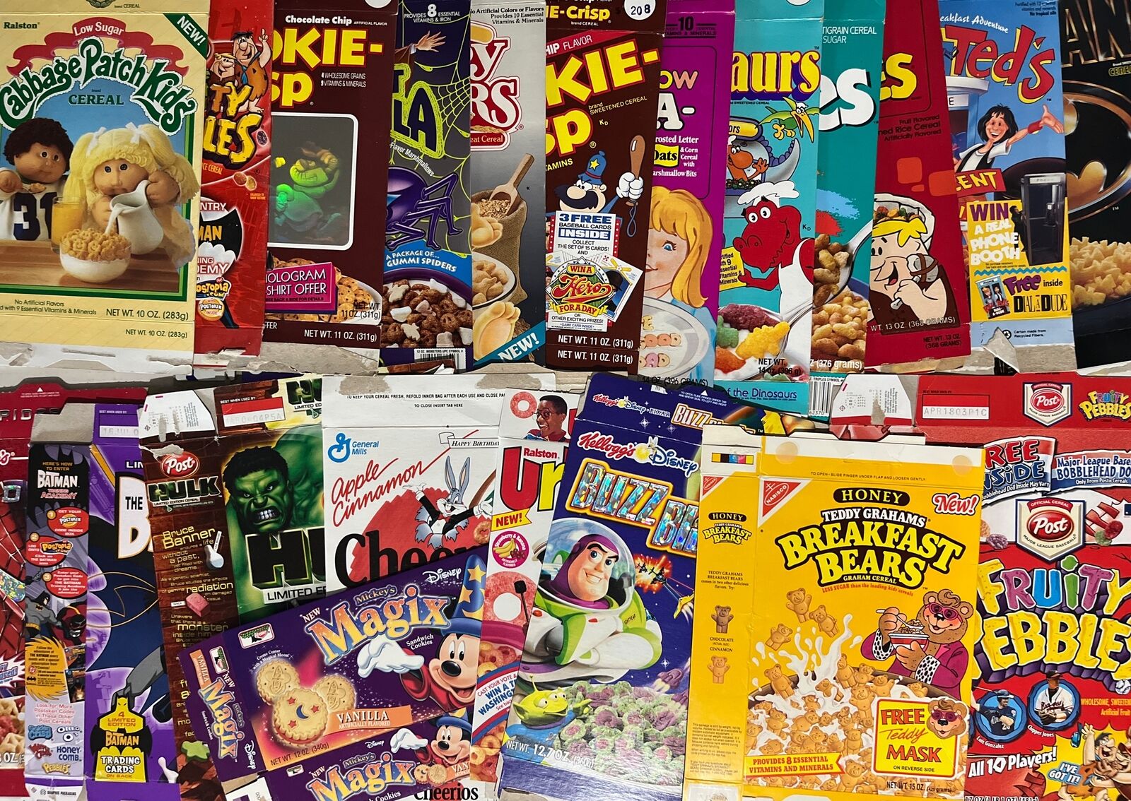 Vintage Cereal & Food Boxes Lot (21) Empty Batman Urkelos Hulk Breakfast Bears