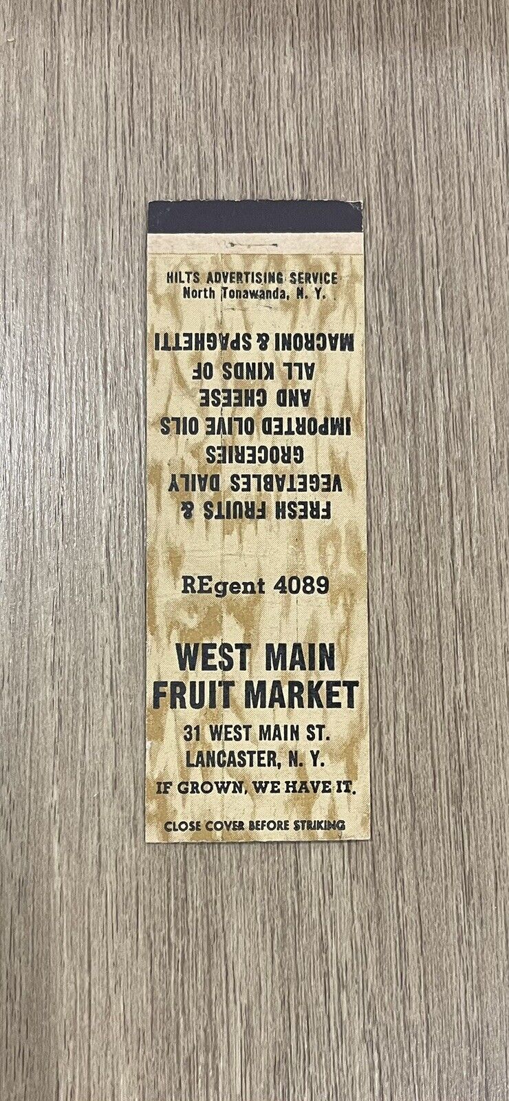 West Main Fruit Market Lancaster New York Vintage Matchbook Cover