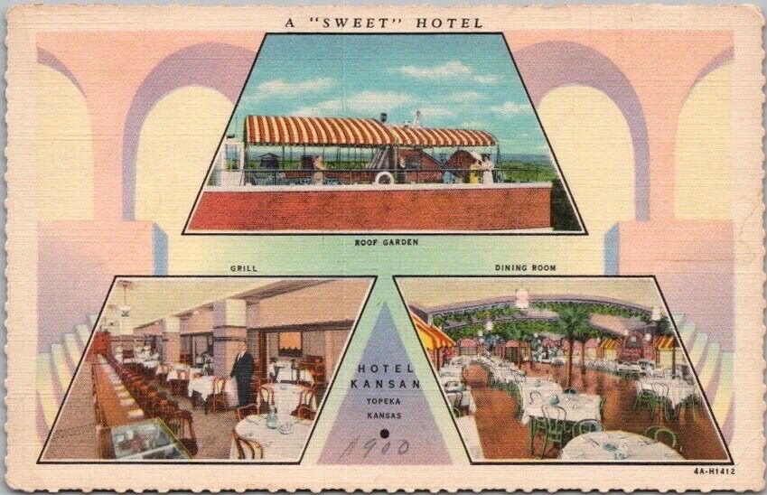 Topeka, Postcard HOTEL KANSAN Roof Garden & Grill Views / Curteich Linen c1934