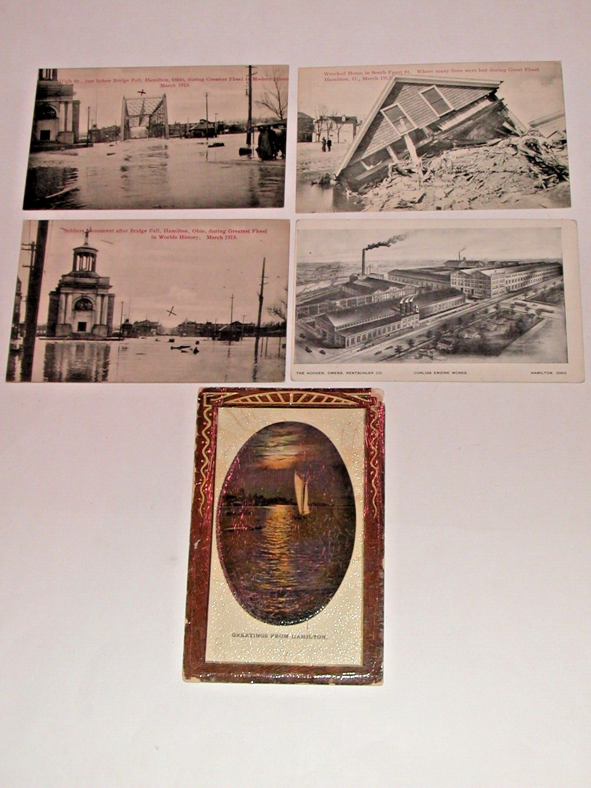 Original (5) Postcard Lot Hamiton, Ohio Great Flood Scenes, Corliss Engine Works
