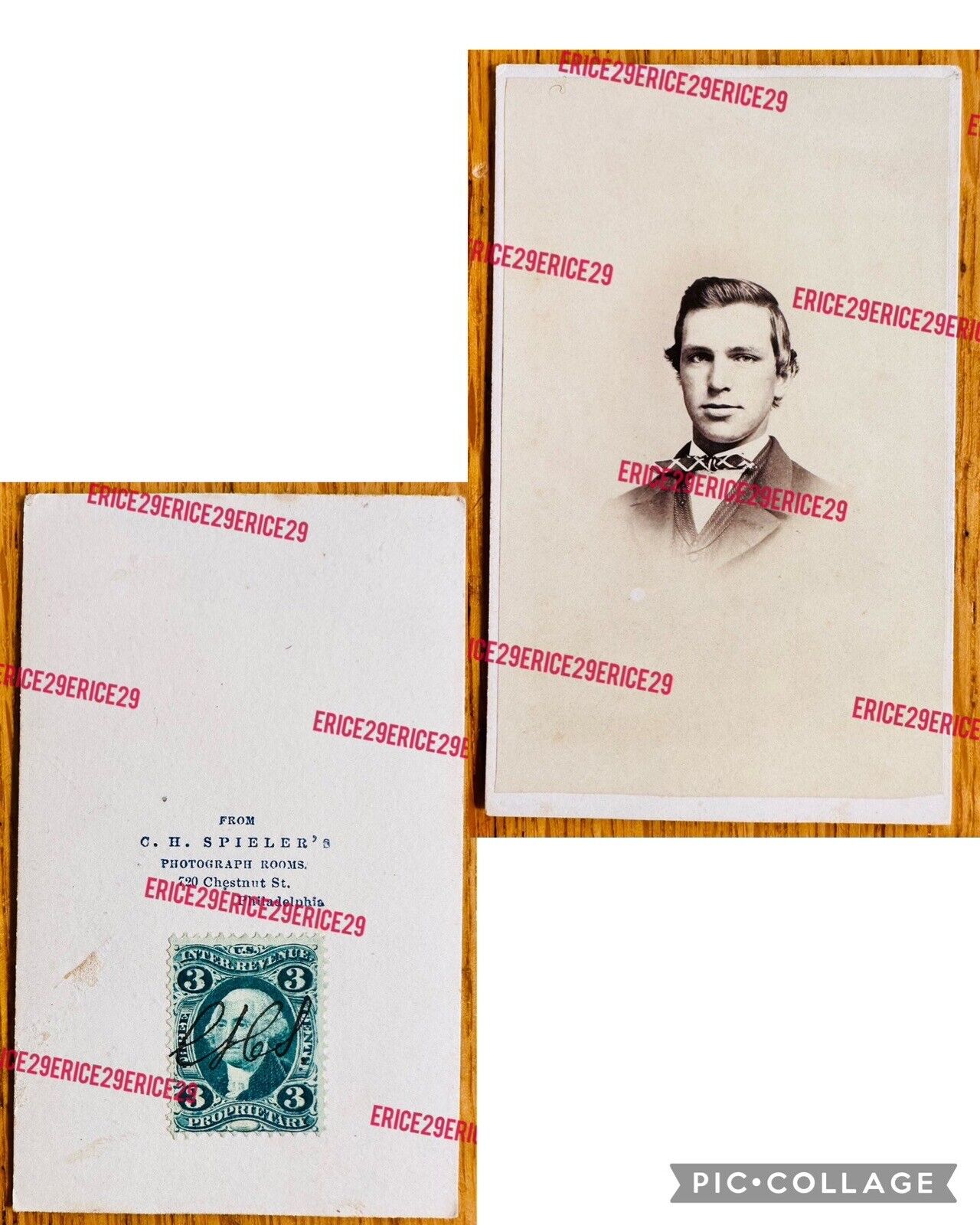 1860 Man CDV Photo SIGNED by C.H. Spieler’s 720 Chestnut St., Phila. Tax Stamp