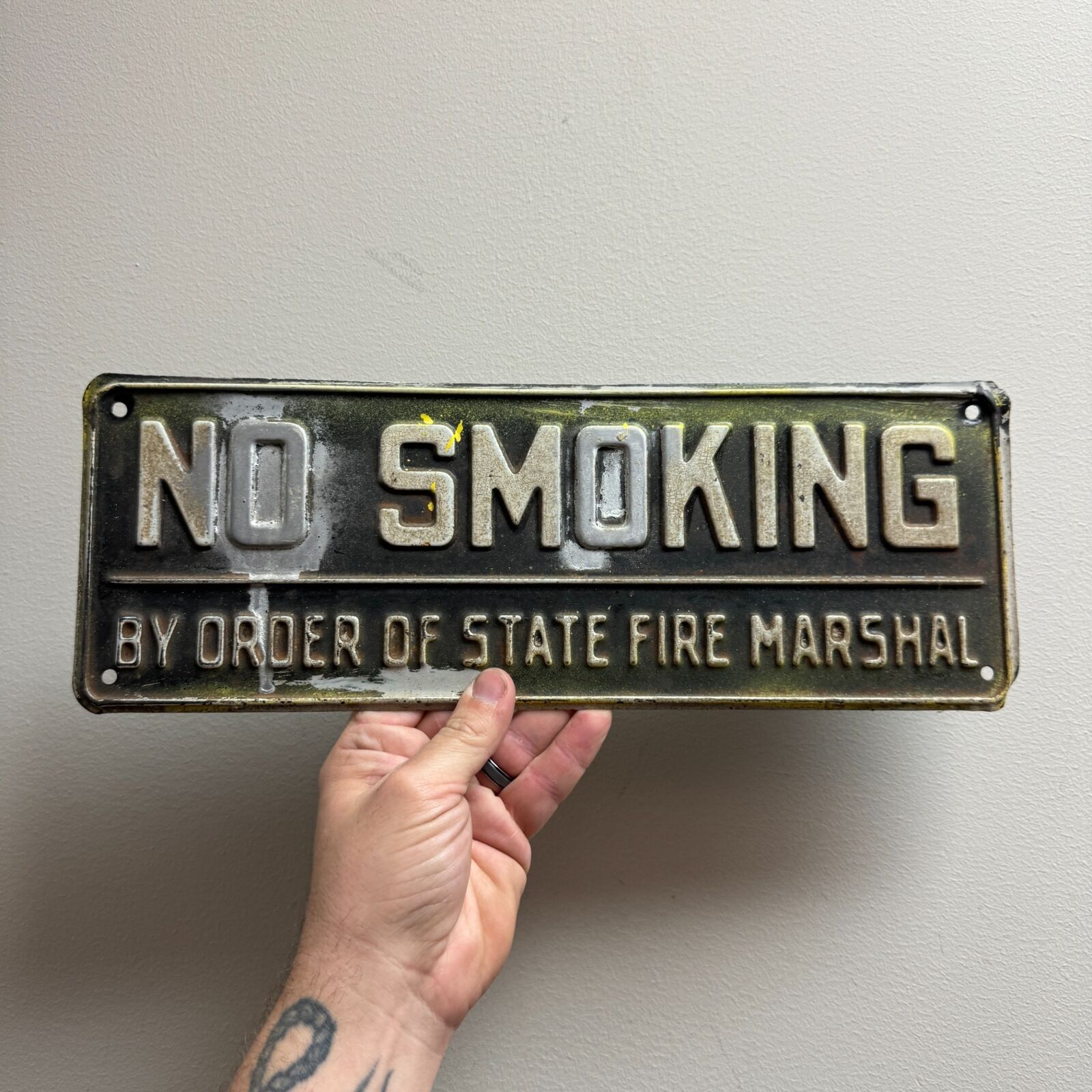 Vtg NO SMOKING BY ORDER OF STATE FIRE MARSHALL Stamped Metal Sign 