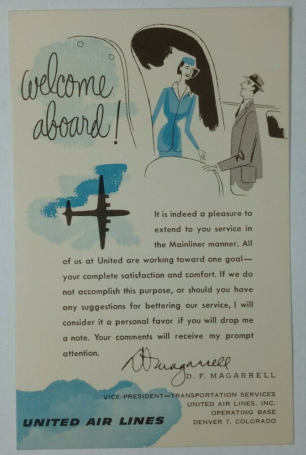 1950\'s United Airlines Airplane Welcome Aboard Complimentary Courtesy Card