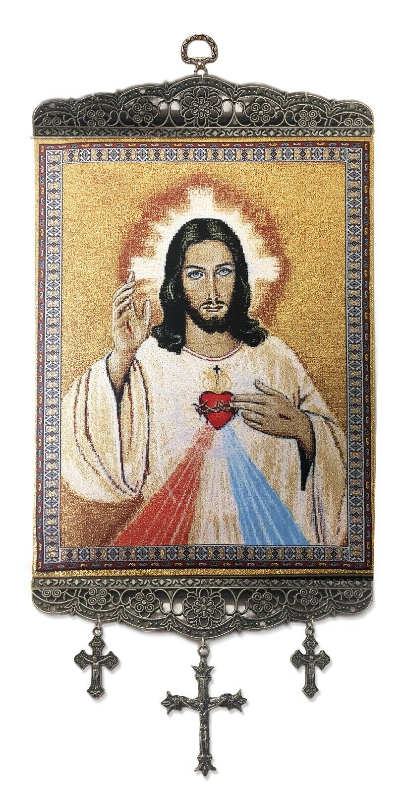 Divine Mercy With Sacred Heart of Jesus Catholic Icon Tapestry Banner W Crosses