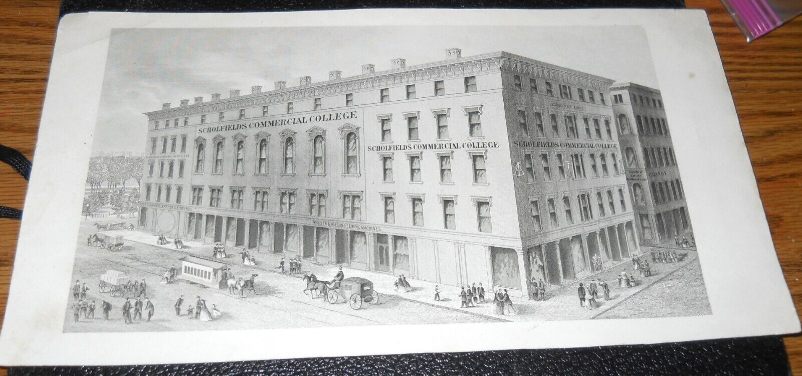 1800\'S ENGRAVING PICTURE~SCHOLFIELDS COMMERCIAL COLLEGE~RHODE ISLAND~HORSES