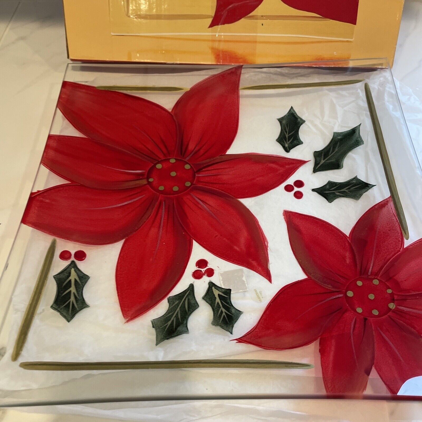 Holiday spirit Christmas Glass Centerpiece Tray Platter Poinsettia Flower 13”x13