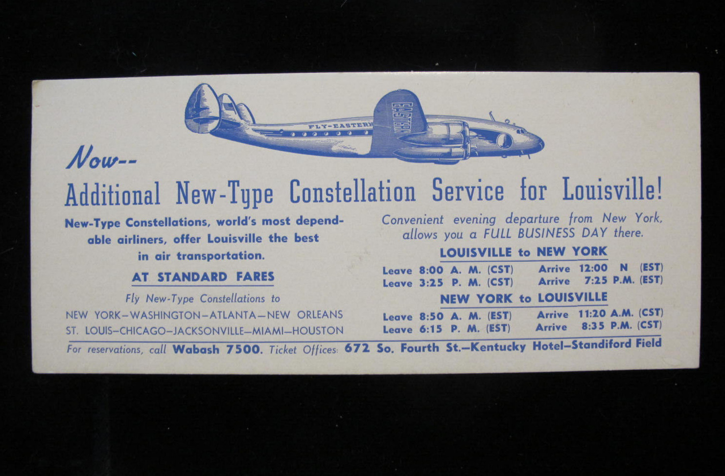 BLOTTER: EASTERN AIRLINES CONSTELLATION SERVICE  STANDIFORD LOUISVILLE KENTUCKY