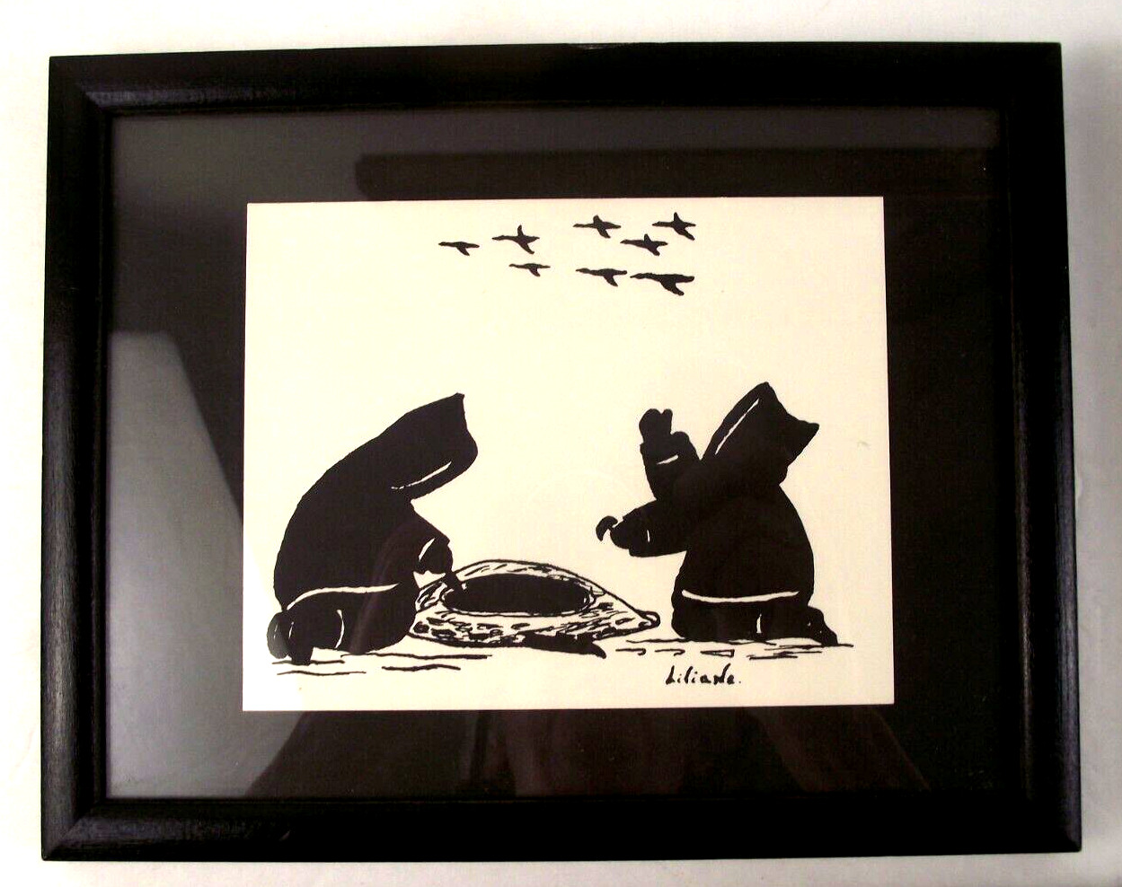 Vintage Inuit Black Ink Block Signed Art Work By Liliane (F-50B)