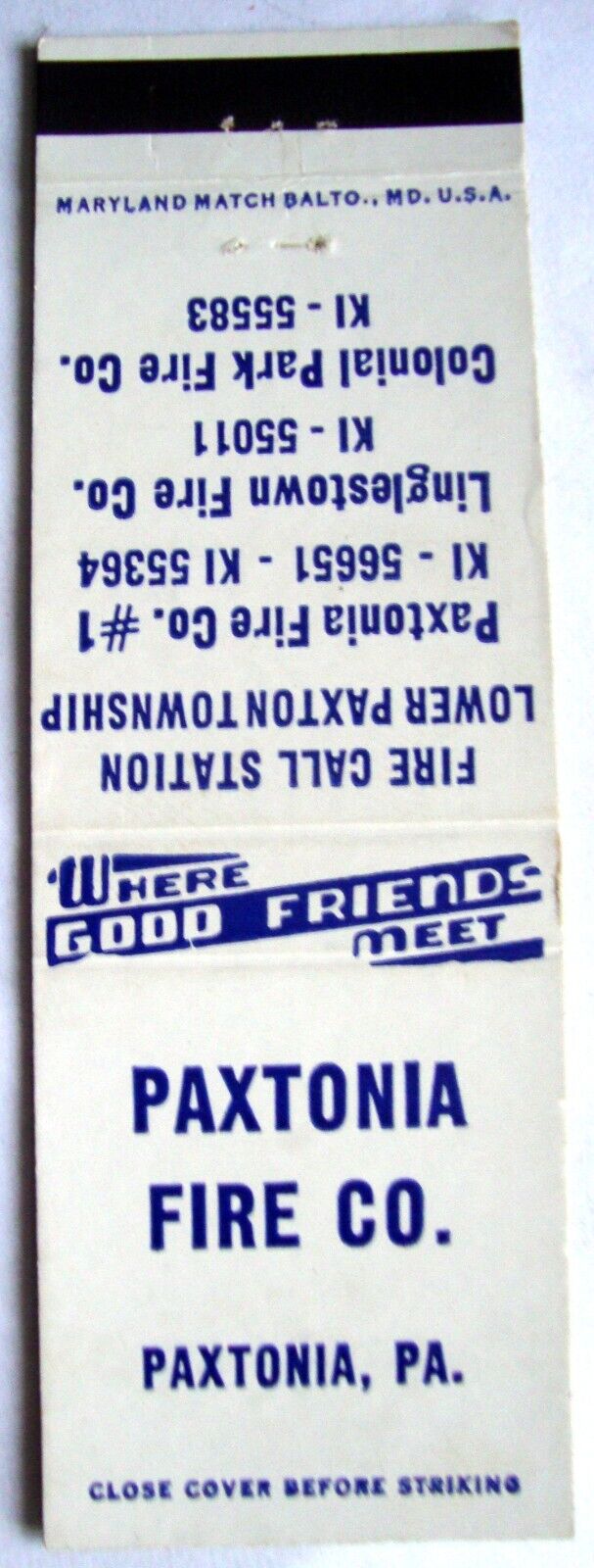 PAXTONIA FIRE CO  VINTAGE  MATCHBOOK COVER  HOW IRONIC