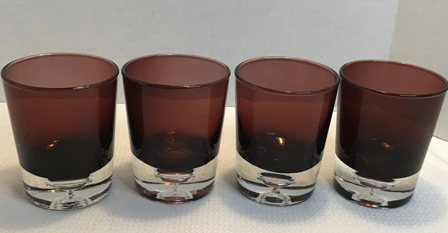 Cocktail Glasses Vintage 4 Ct Brown Bubble Bottom Whiskey Hand Blown, Heavy 4.5”