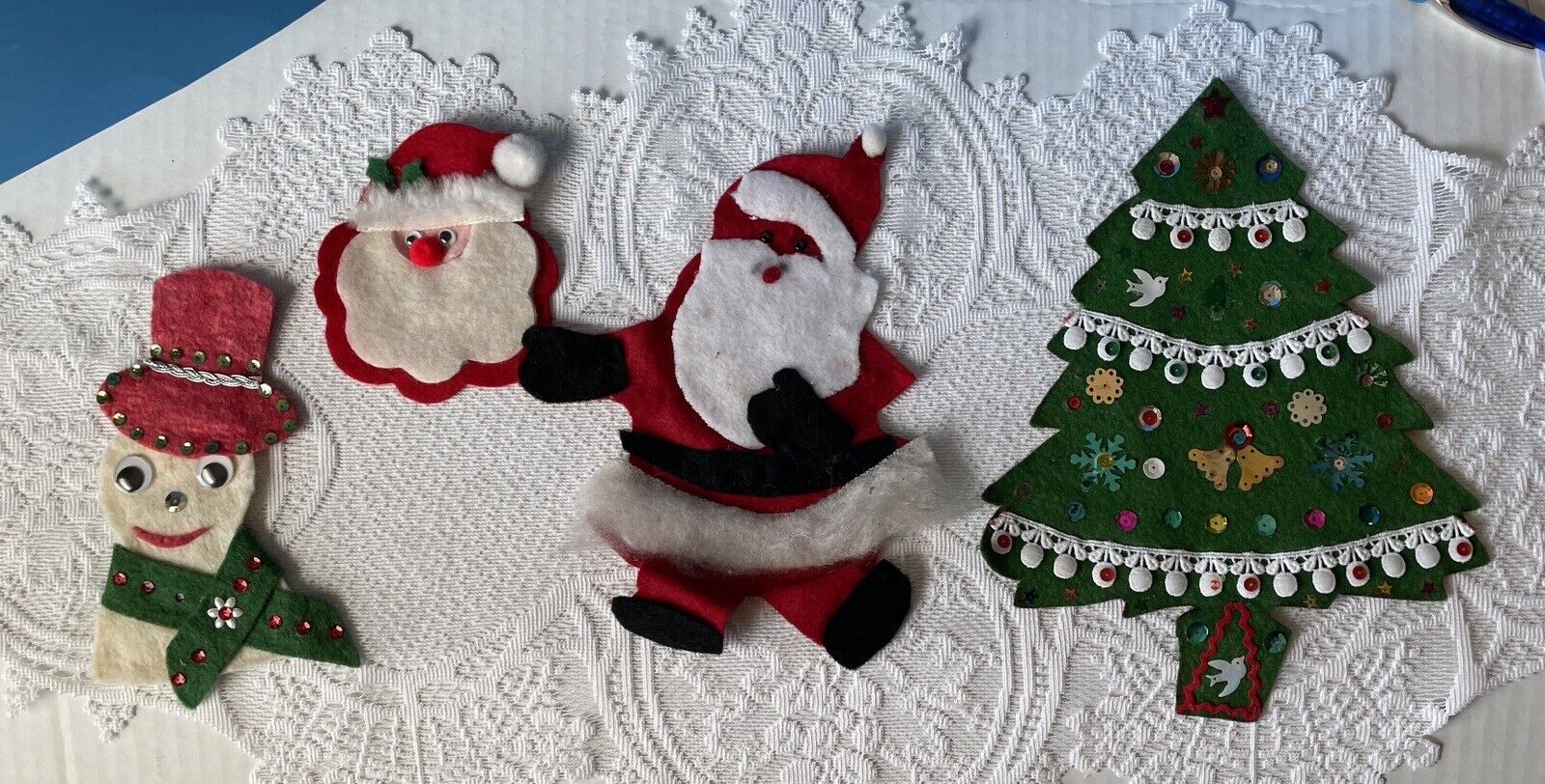 Vintage Handmade Snowman Santa Claus Christmas Tree Fridge 4 Magnets Felt Sequin