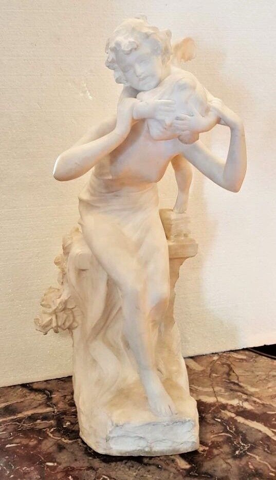 IMPORTANT MARBLE FIGURAL GIRL BLINDFOLDED & CUPID BY AUGUSTE LOUIS MOREAU FRENCH