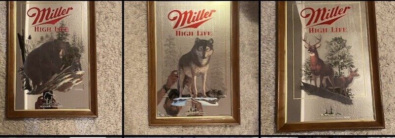 Lot Of 3 Miller Brewing Co. Wildlife Series Deer Bear Wolf -wildlife Bar Mirrors
