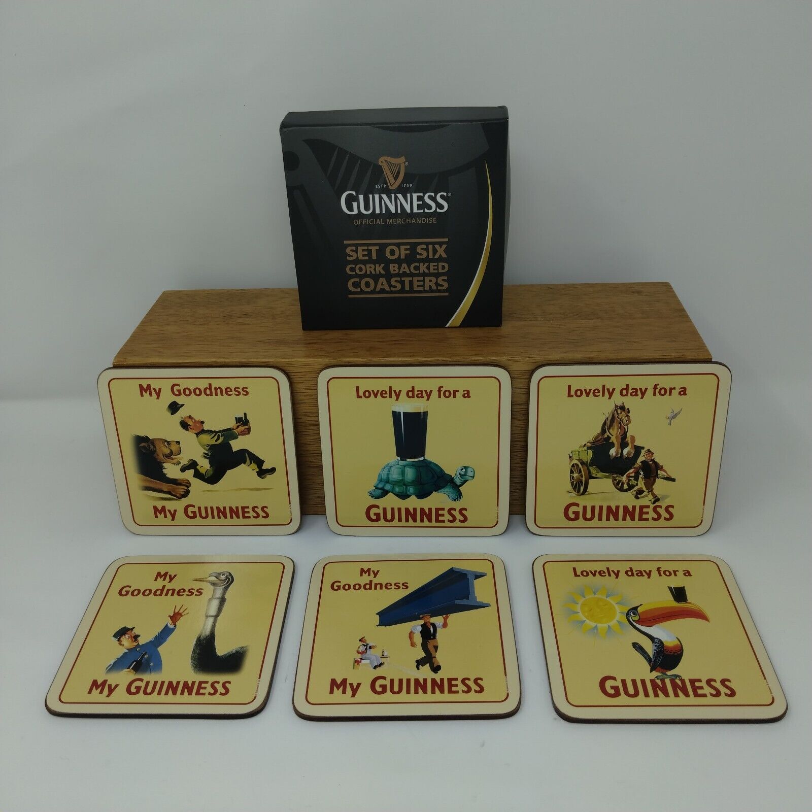 VTG Guinness Set 6 Illustrated Corked Back Coasters Square Man Cave Bar Dad Gift