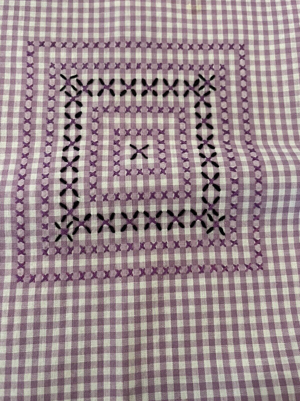 Vintage Hand Made Gingham Checked Table Cloth Table Topper Light Purple Xstitch