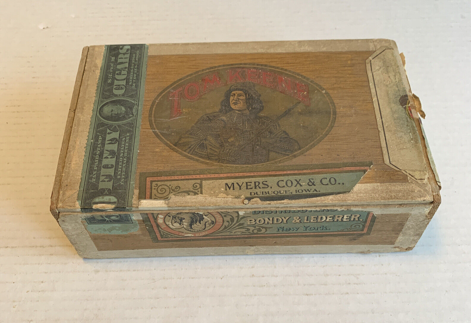 Tom Keene Cigar Box Series Of 1910 Stamp Vintage Antique Myers Cox & CO. Iowa