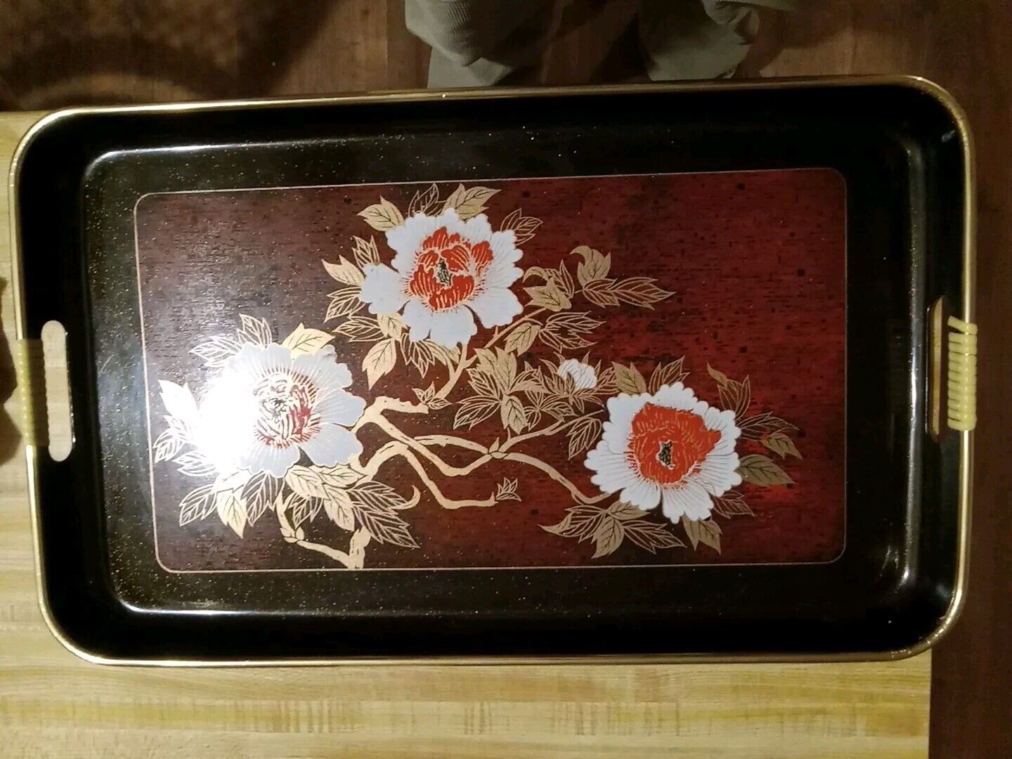 VINTAGE JAPANESE BLACK LACQUER TRAY 19 X 11 1/2 X 1 PEONY FLOWERS GOLD SPARKLE