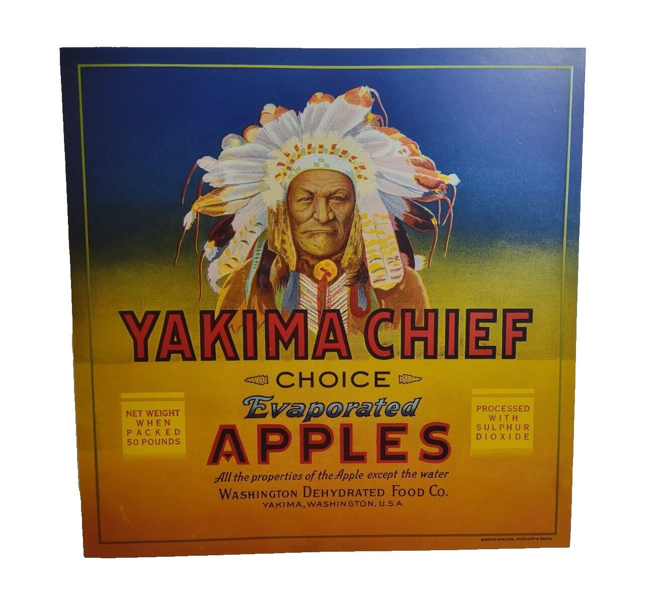 Yakima Chief Evaporated Apples Crate Label Original Vintage 1940\'s Advertising