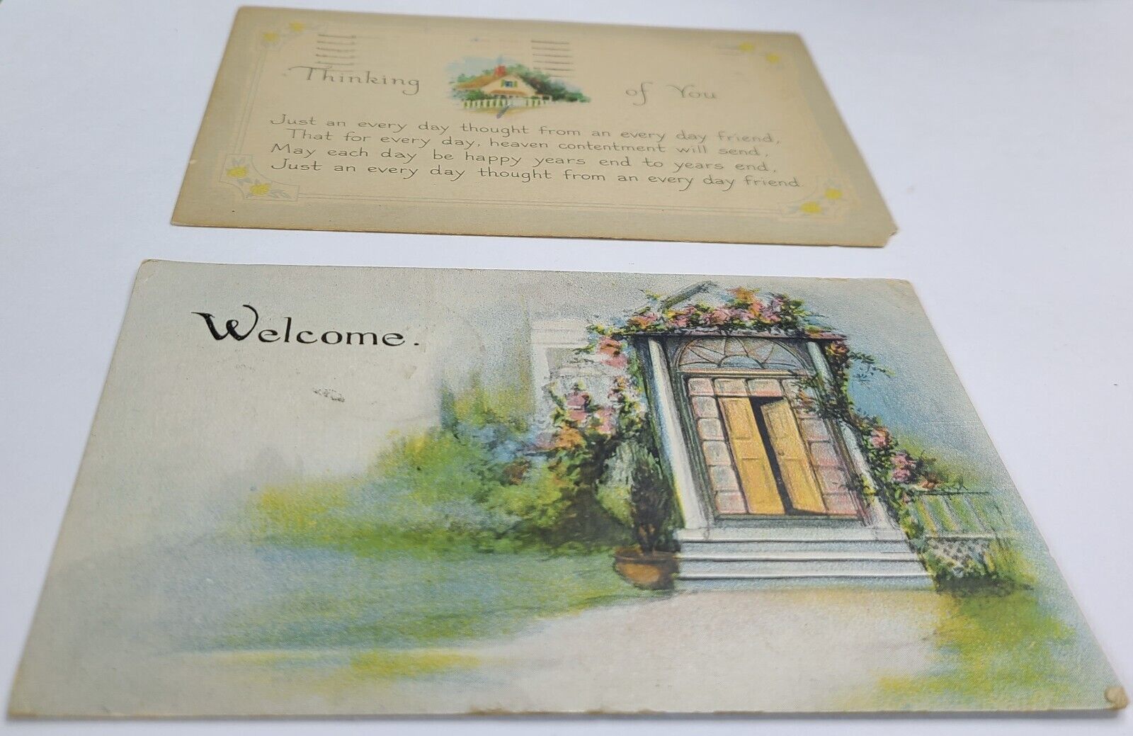 2 Vintage Greetings Postcards 1917-1948 Gibson Cottage Door
