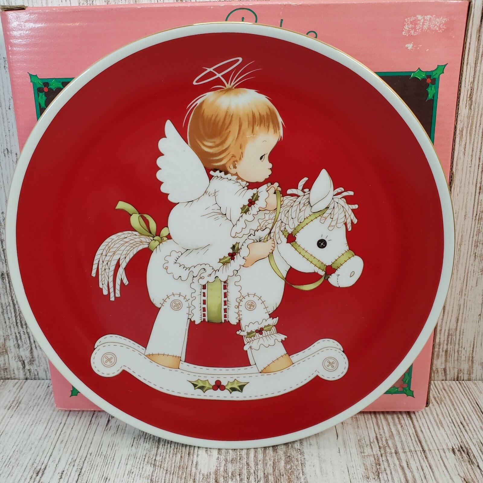 Enesco Ruth Morehead Holly Babes 1986 Angel on Rocking Horse Collector Plate