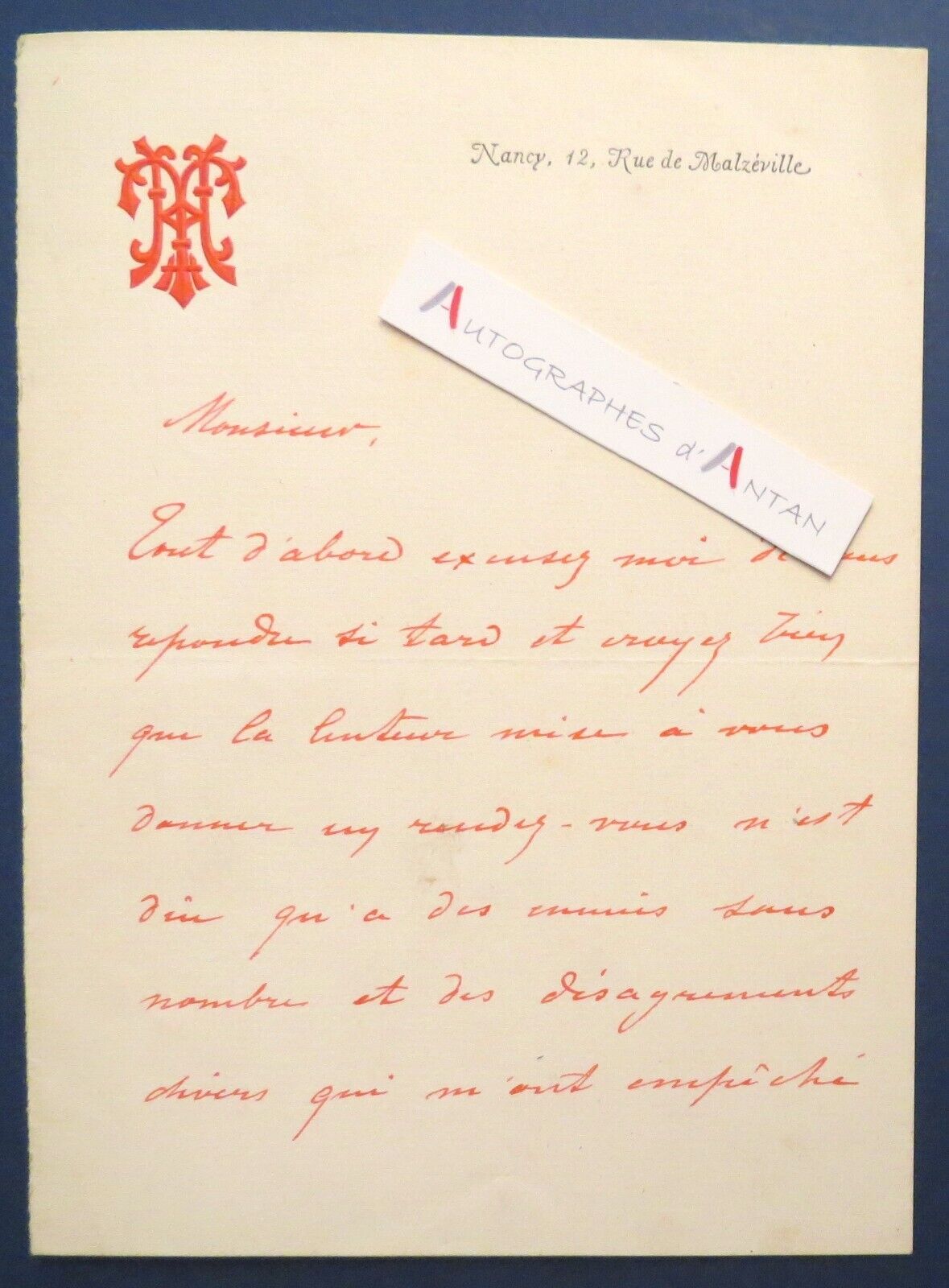 ● L.A.S 1890 Henri TEICHMANN - Nancy 12 rue de Malzéville - autograph letter