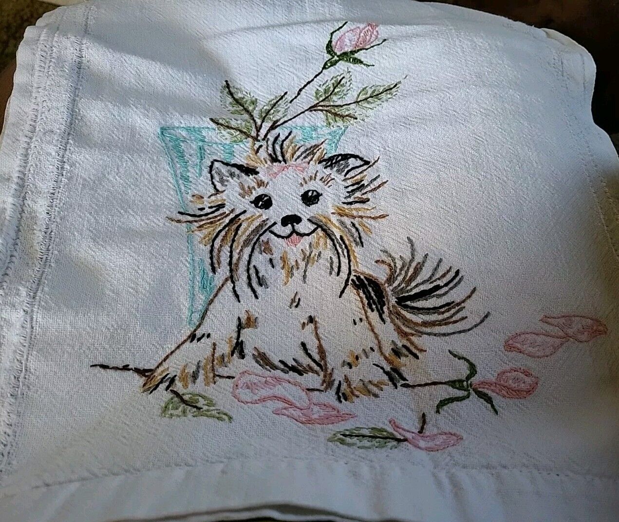 Adorable HANDMADE EMBROIDERED Dog Puppy With Pink Rose In Vase