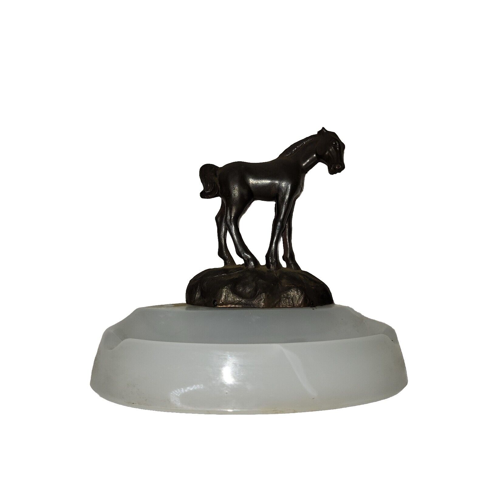 Vtg Bronze Soap Dish Tray Lucite Sculpture Art Missing Ears Art Deco Foal Horse