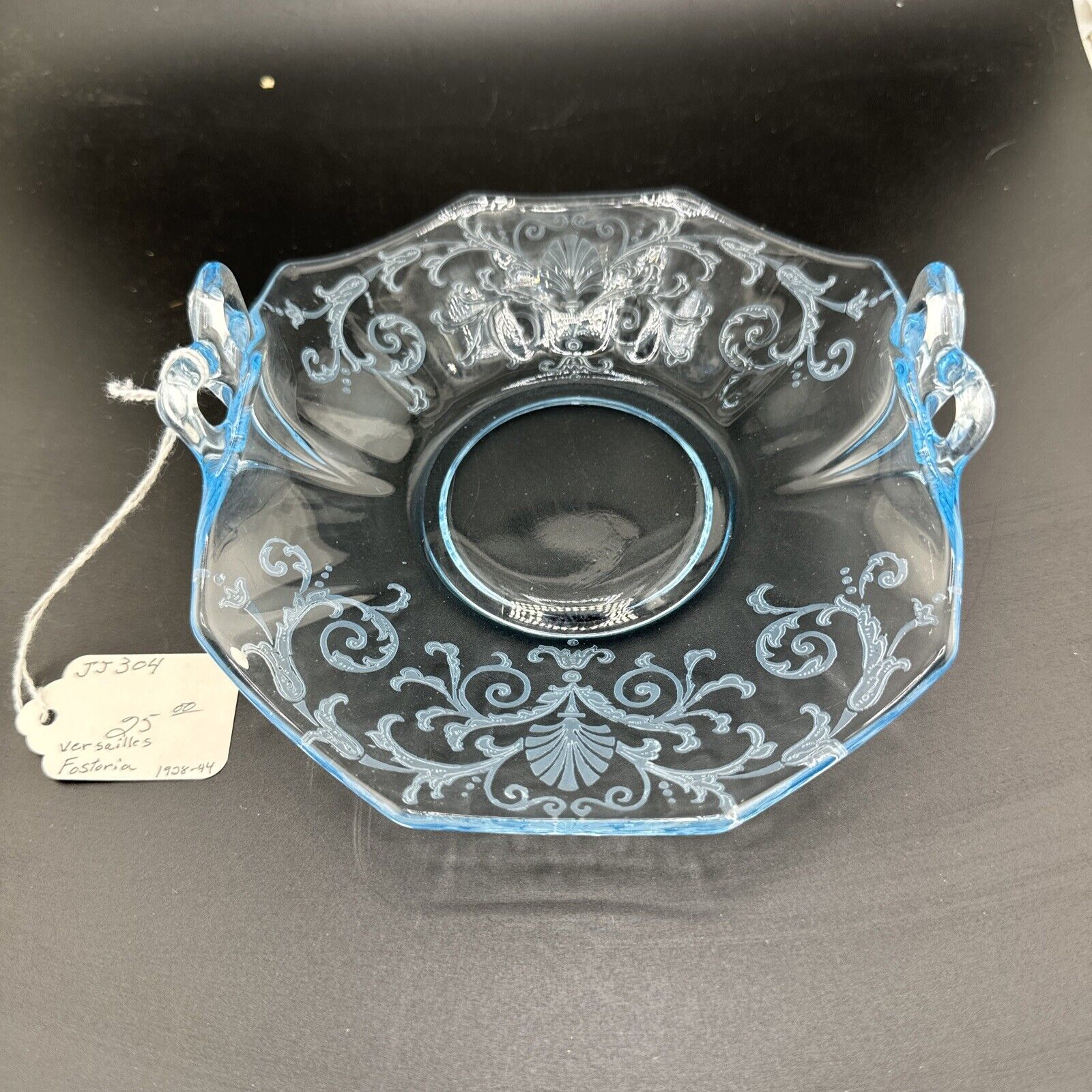 Fostoria Fairfax Azure Blue Glass Bow Handles Depression Longaberger Rare Gift