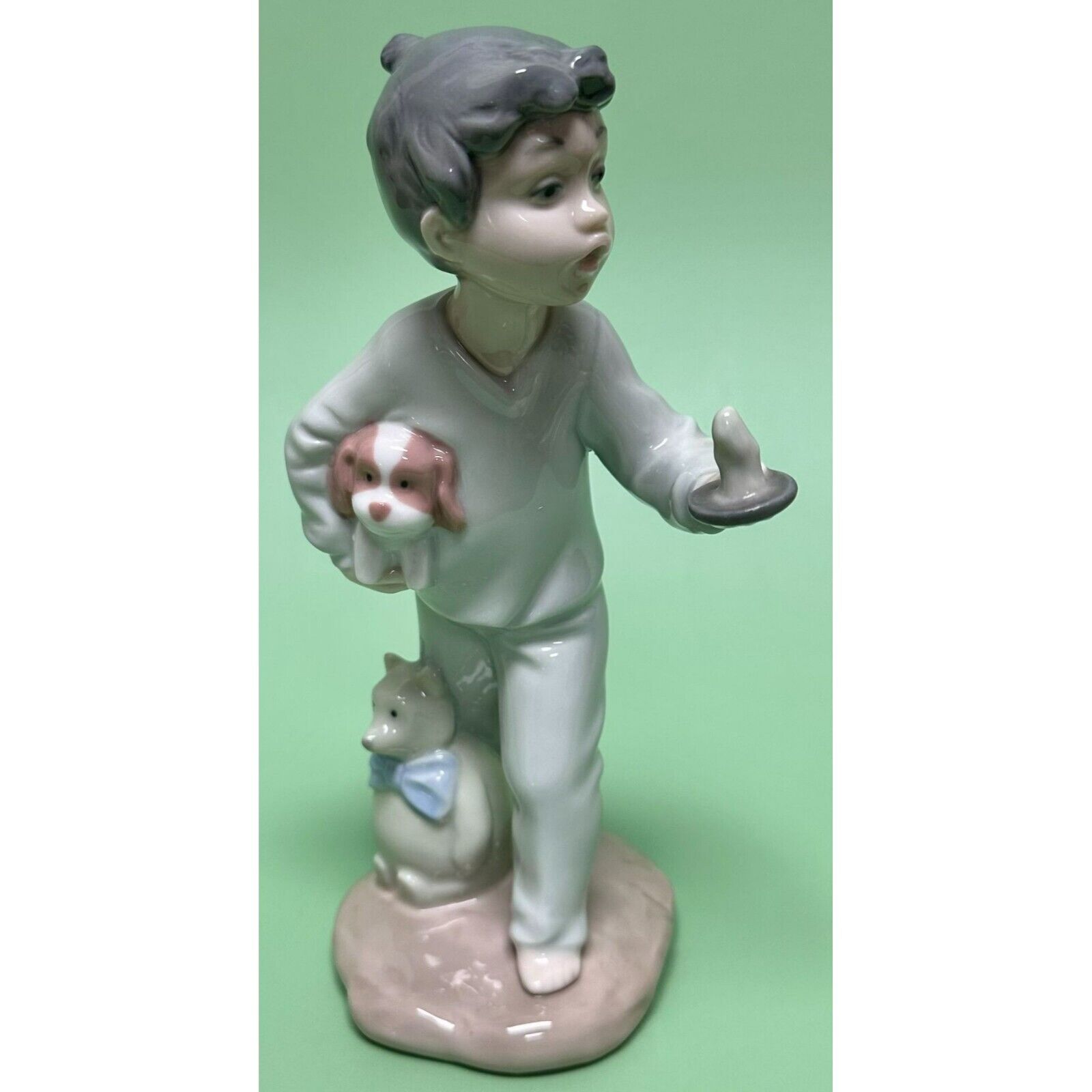 Nao by Lladro Young Boy Holding Candle with Puppy & Teddy Bear Figurine 2