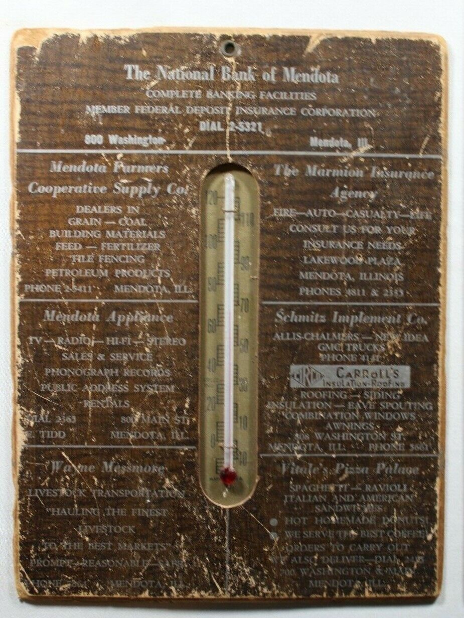 C.1930/40s Mendota IL National Bank Giveaway Thermometer W Local Advertising BB