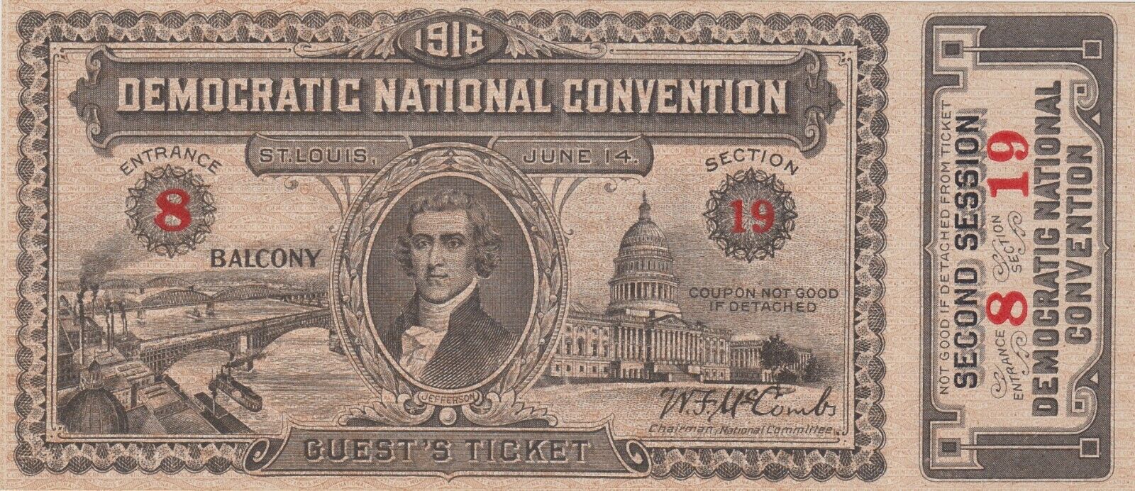 1916 DEMOCRATIC NATIONAL CONVENTION TICKET WITH STUB XF CONDITION WOODROW WILSON