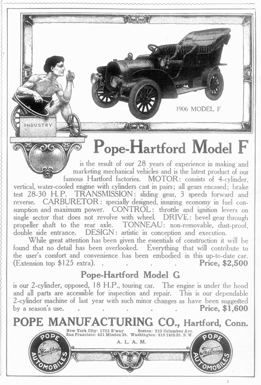 1906 Pope Hartford Car Model F Antique Print Ad Manufacturing Co Connecticut 
