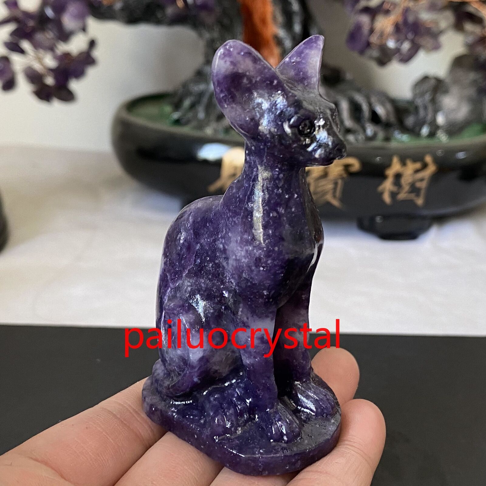 1X Natural lepidolite Purple mica Hairless cat Quartz Crystal Skull Figurines 3\